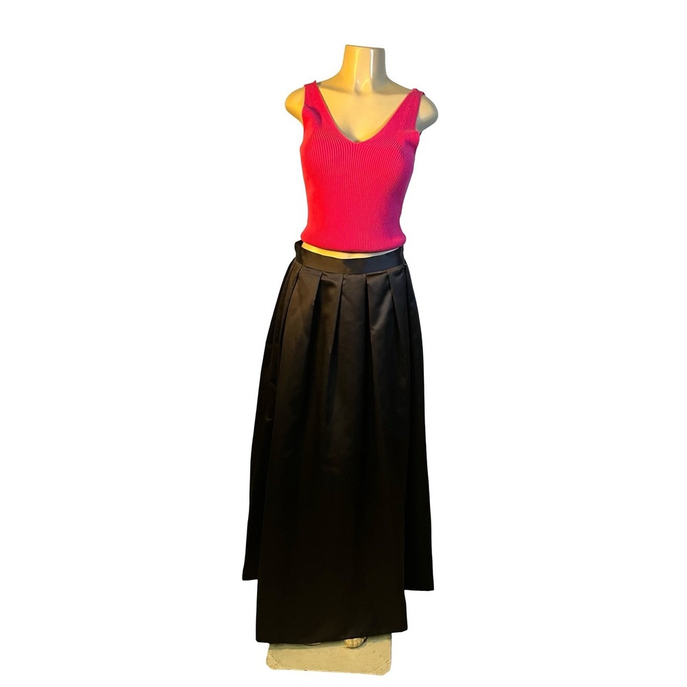 Hampton Nites Vintage Black Satin Pleated Maxi Skirt Womens 29" High Waist Gown